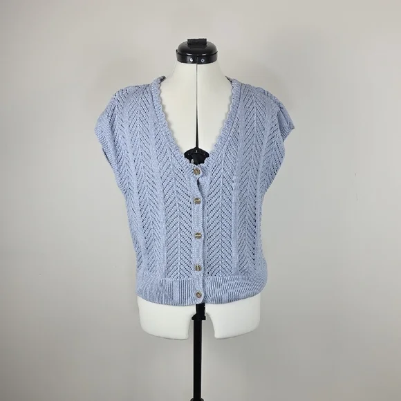 Garcia Knit Button Front Vest – Light Blue Pointelle – Size L - Picture 1 of 8